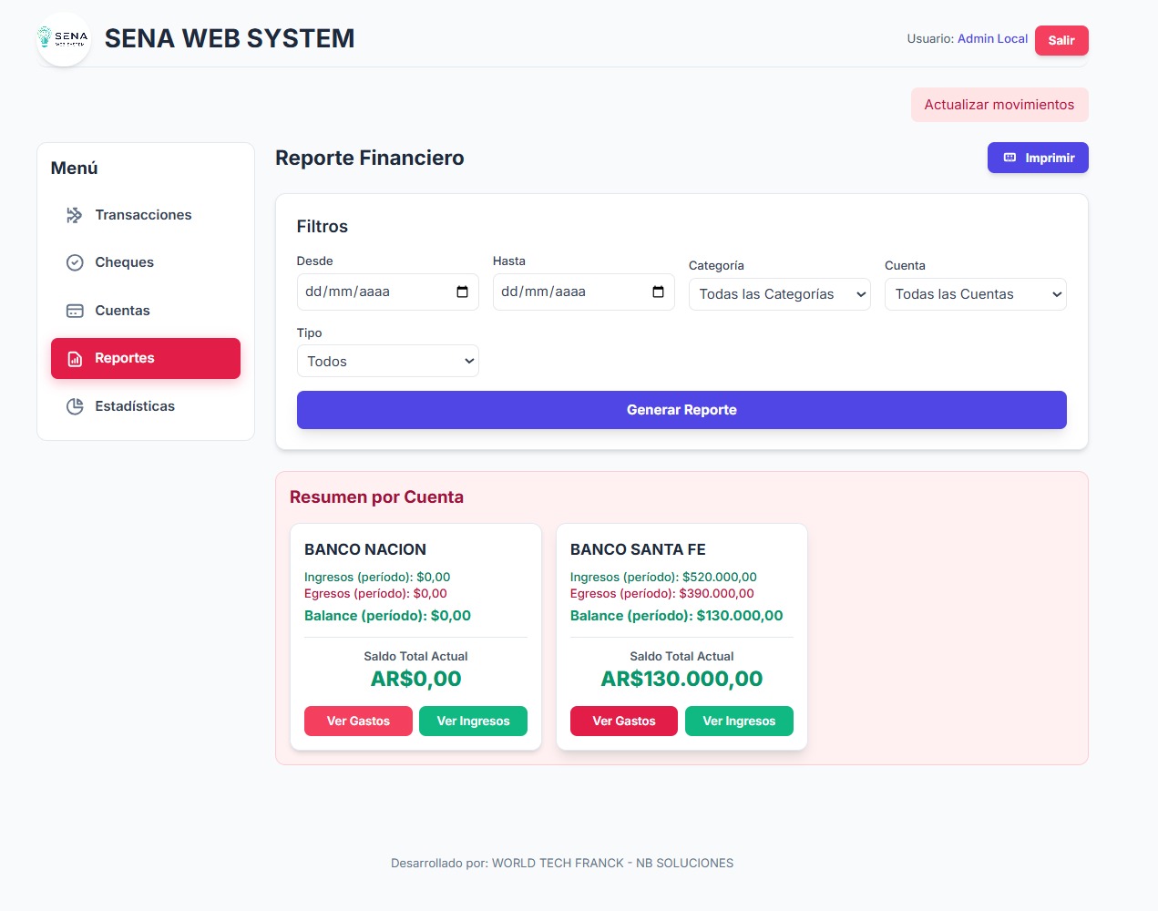 Reporte Financiero con resumen por cuenta